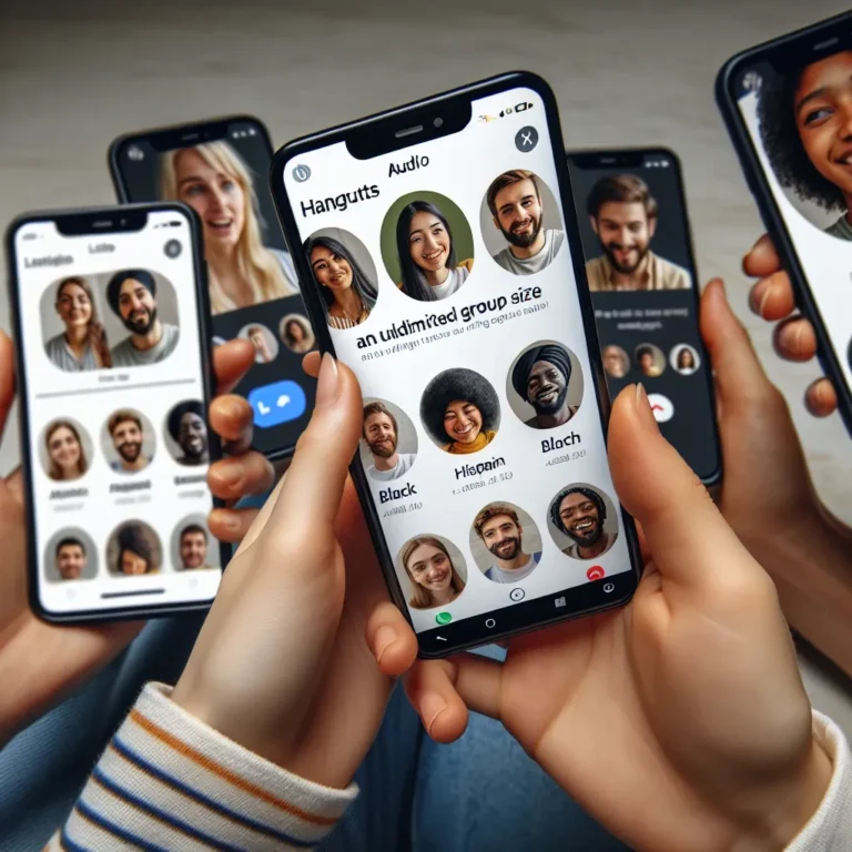 "Ilustrasi fitur baru WhatsApp 'Audio Hangouts' untuk grup tanpa batas, menampilkan antarmuka aplikasi WhatsApp dengan ikon panggilan suara dan grup besar, menggambarkan kemudahan komunikasi dalam komunitas."