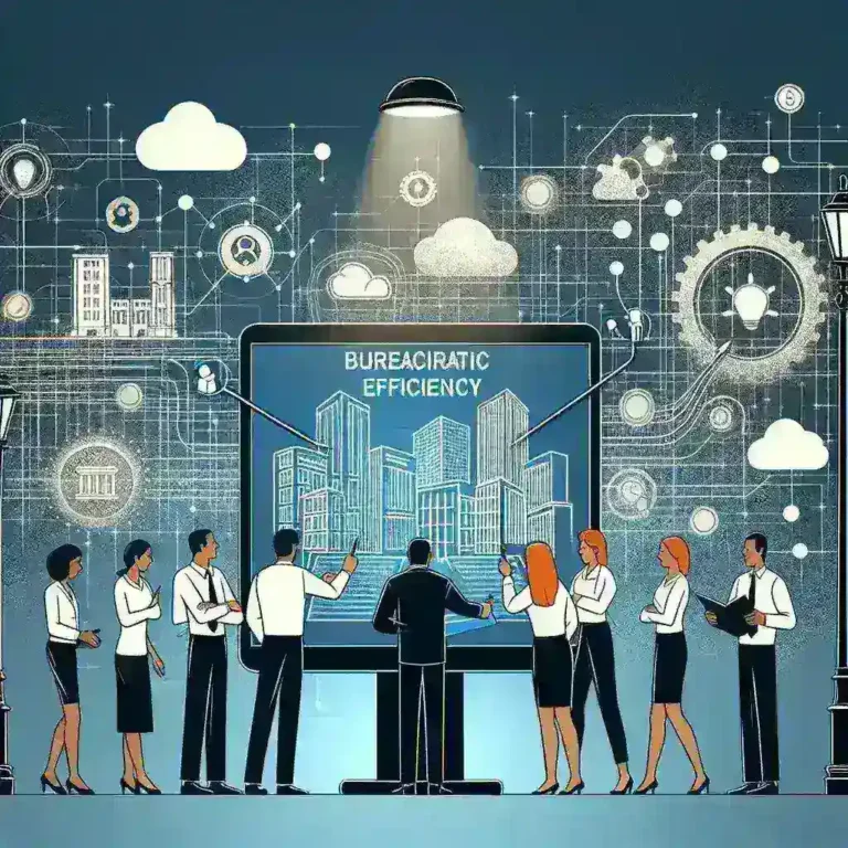 "Ilustrasi digitalisasi pelayanan publik di level kelurahan, menampilkan staf pemerintah menggunakan teknologi untuk meningkatkan efisiensi birokrasi dan pelayanan masyarakat."