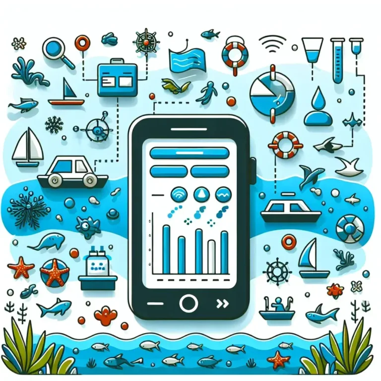 "Ilustrasi aplikasi mobile yang digunakan untuk memantau kualitas air laut di destinasi wisata, menampilkan grafik kualitas air dan lokasi pantai yang terpantau."