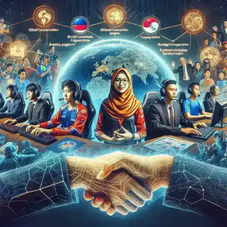 "Professional Indonesian e-sports team competing at a global tournament, showcasing the growth of the e-sports industry in Indonesia supported by international sponsors."