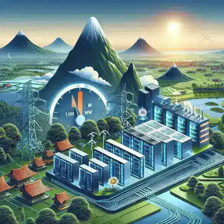 "Visualisasi proyek pusat data Indonesia yang menargetkan kapasitas 1.000 MW pada tahun 2032, menampilkan infrastruktur modern dan komitmen negara terhadap teknologi dan keberlanjutan."