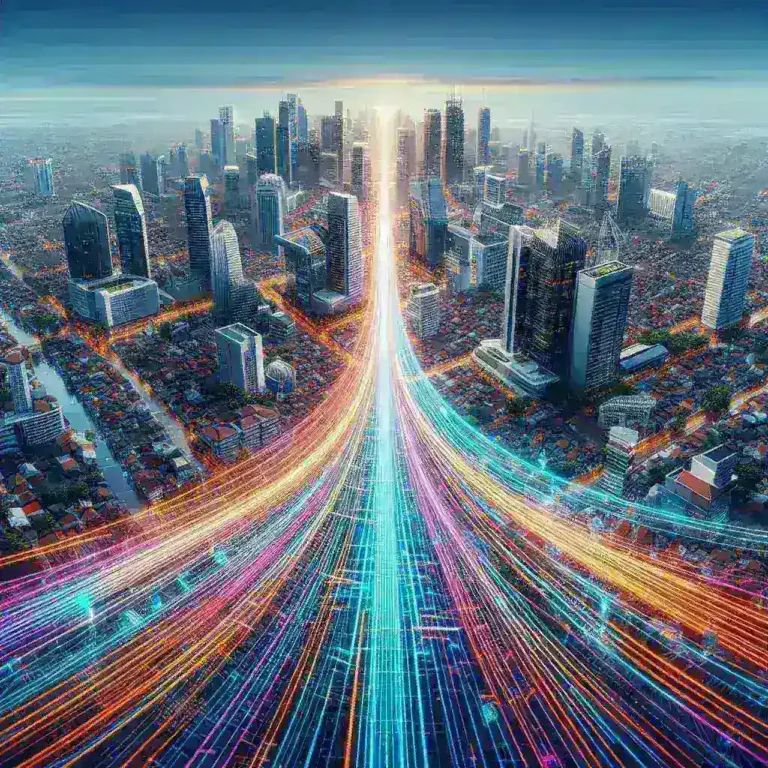 "Jakarta's new underground fiber optic network installation, showcasing workers laying 1,200 km of fiber optic cables to enhance internet connectivity and digital infrastructure."